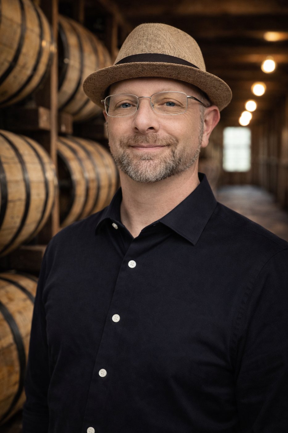 John Schuster II in a bourbon rickhouse